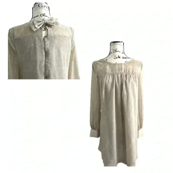 H&M DRESS SHIFT MIDI LONG SLEEVE SCOOP MECK TAN BONE CREAM SNAKE PRINT SIZE 10 - Picture 2 of 11